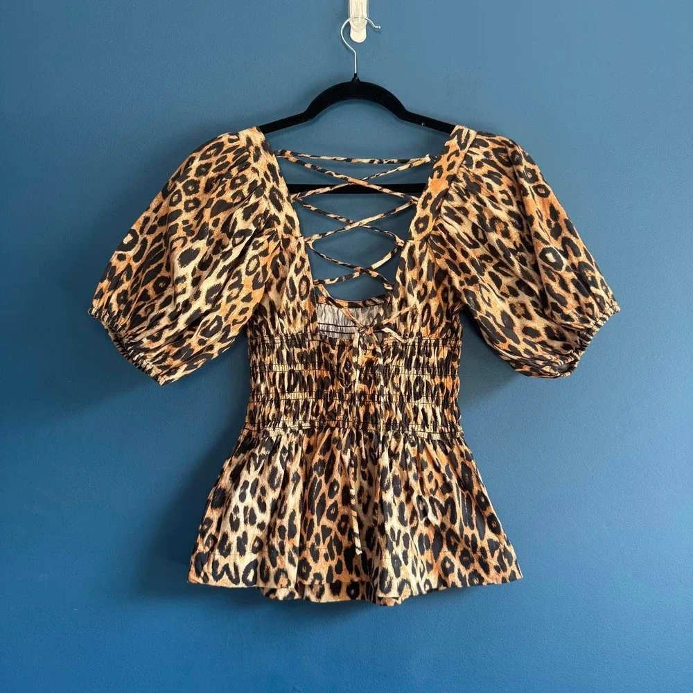 Damson Madder Allegra Blouse Women's Size 2 Brown Leopard Peplum NWT Cotton